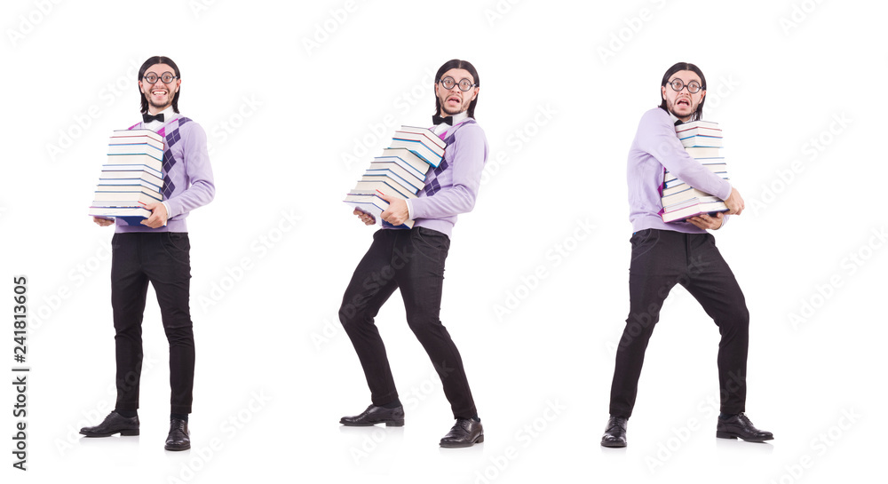 Obraz premium Funny student with books isolated on white