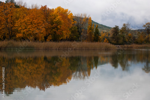 lake autumn colors. reflection of the sky and the trees in the water. Autumnal landscape.
