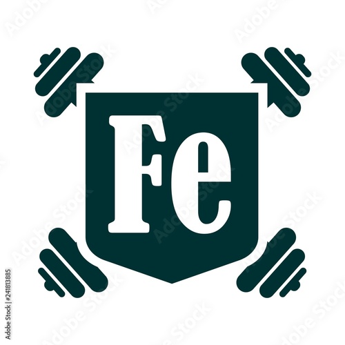 Fe text on shield with dumbbells sticker. Image relative for gym and bodybuilding. Remastered iron chemical element tag. Chemistry in metaphor design. Bodybuilding club emblem