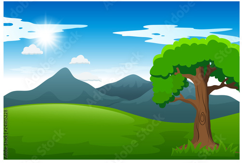 Illustration Nature landscape with green meadow sunlight and mountain