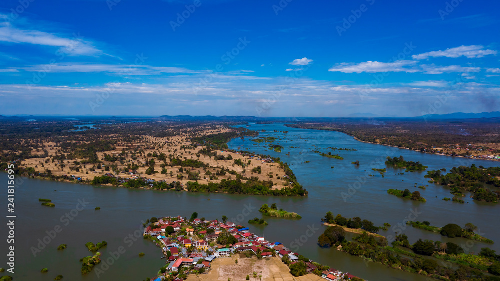 Fototapeta premium Don Det , Don Khon village and Mekong River top view landscape, Laos