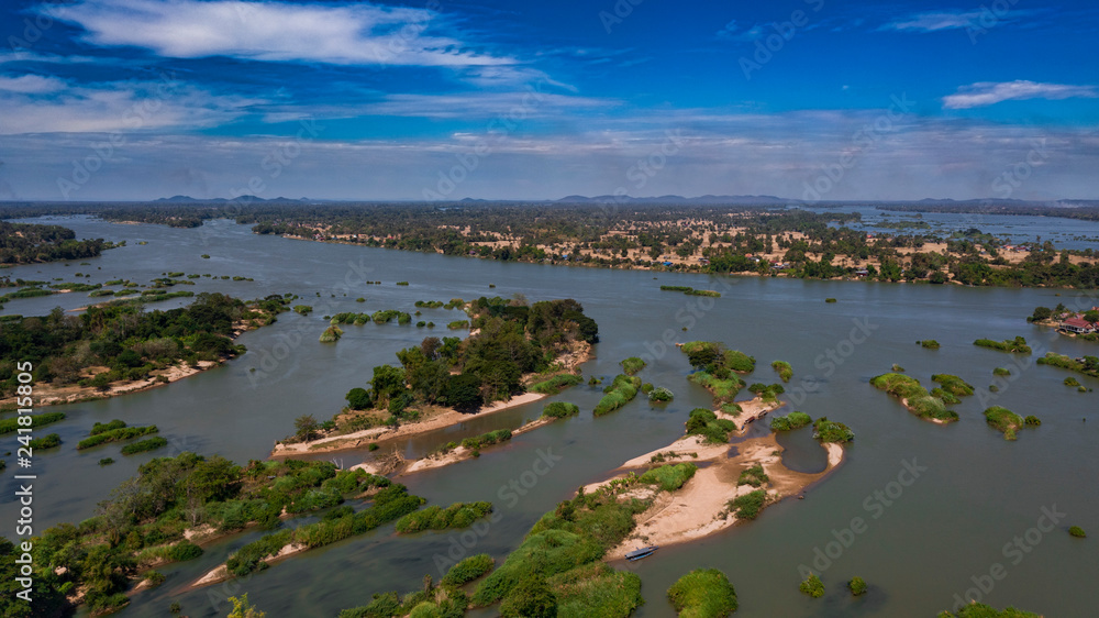 Mekong River islands drone top view in a sunny day