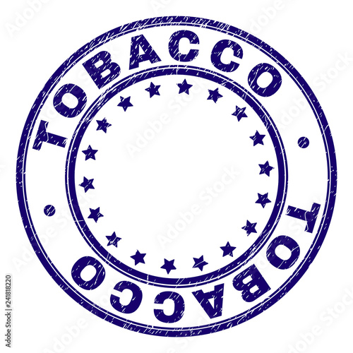 TOBACCO stamp seal imprint with grunge texture. Designed with round shapes and stars. Blue vector rubber print of TOBACCO label with retro texture.