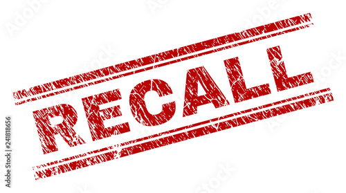 RECALL seal print with grunge effect. Red vector rubber print of RECALL text with unclean texture. Text tag is placed between double parallel lines.