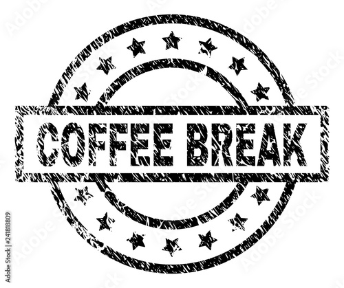 COFFEE BREAK stamp seal watermark with distress style. Designed with rectangle, circles and stars. Black vector rubber print of COFFEE BREAK title with retro texture.