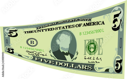 Deformed 5 US dollar banknote