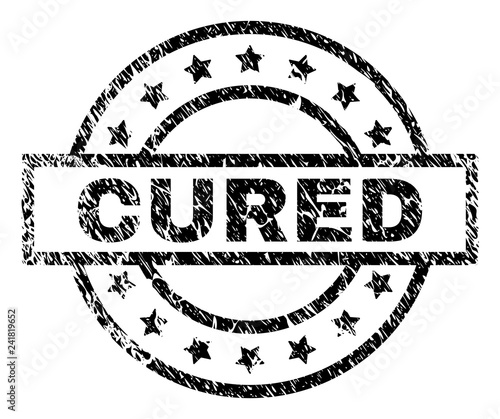 CURED stamp seal watermark with distress style. Designed with rectangle, circles and stars. Black vector rubber print of CURED caption with retro texture.