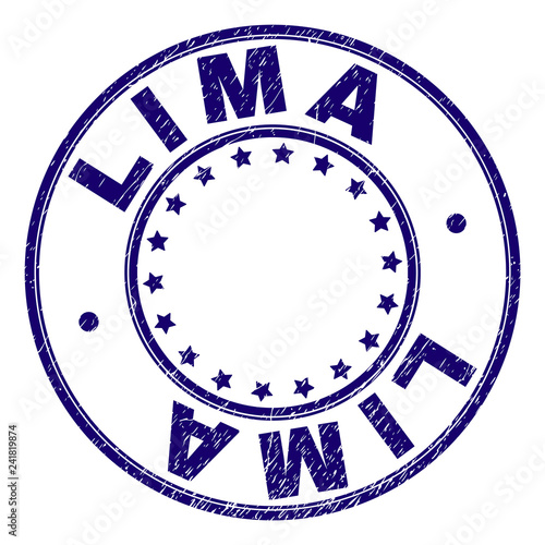 LIMA stamp seal watermark with grunge texture. Designed with round shapes and stars. Blue vector rubber print of LIMA label with retro texture.