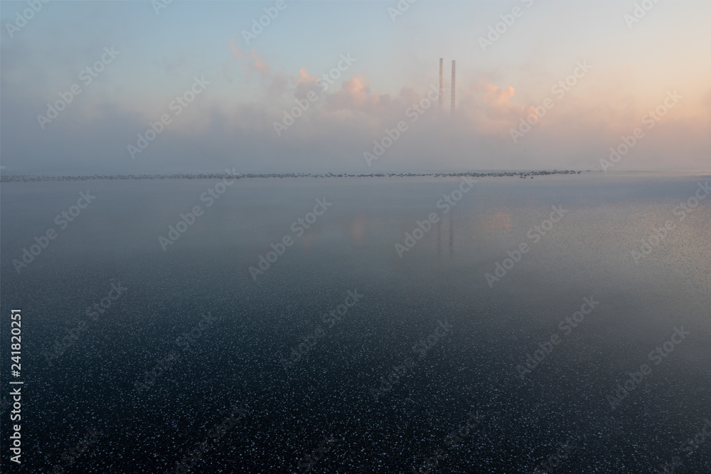 The power plant is shrouded in fog and clouds and smog