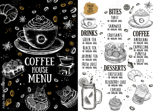 Coffee house menu. Restaurant cafe menu, template design. Food flyer.