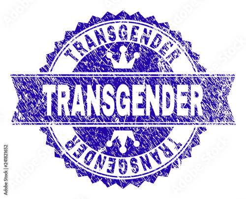 TRANSGENDER rosette seal watermark with distress effect. Designed with round rosette, ribbon and small crowns. Blue vector rubber watermark of TRANSGENDER tag with retro style.
