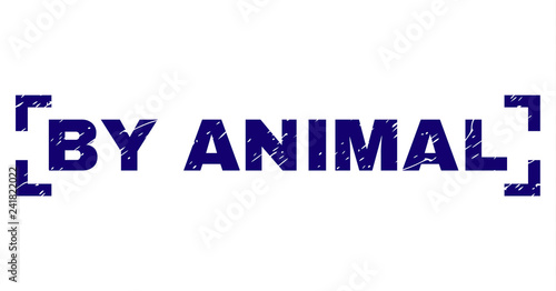 BY ANIMAL text seal print with distress style. Text label is placed between corners. Blue vector rubber print of BY ANIMAL with retro texture.