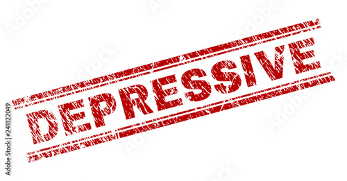 DEPRESSIVE seal imprint with grunge texture. Red vector rubber print of DEPRESSIVE text with scratched texture. Text label is placed between double parallel lines.