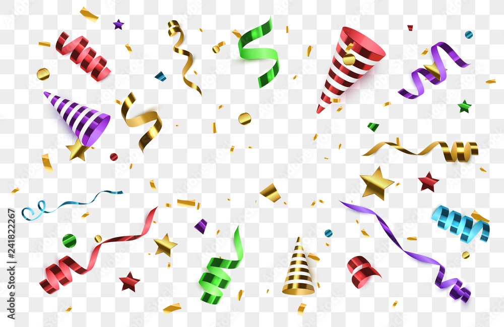 Confetti with party poppers isolated. Birthday background. - obrazy, fototapety, plakaty 