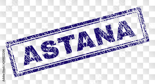 ASTANA stamp seal watermark with rubber print style and double framed rectangle shape. Stamp is placed on a transparent background. Blue vector rubber print of ASTANA text with unclean texture.