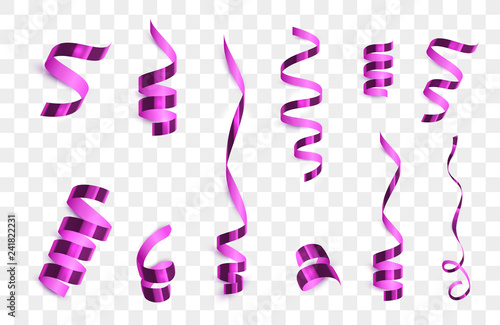 Confetti isolated. Purple Streamer paper Ribbons isolated.