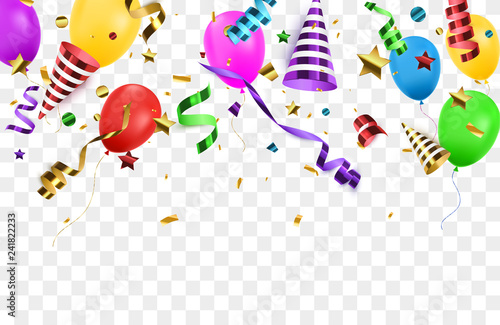 Confetti with party poppers isolated. Birthday background.