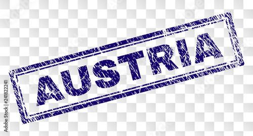 AUSTRIA stamp seal print with distress style and double framed rectangle shape. Stamp is placed on a transparent background. Blue vector rubber print of AUSTRIA text with unclean texture.