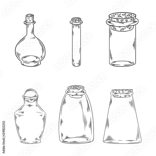 Glass bottles doodles. Vector illustration. Design for coloring