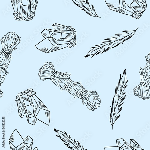 Crystals, feathers and sage seamless boho pattern