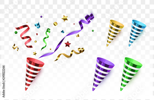 Confetti with party poppers isolated. Birthday background.