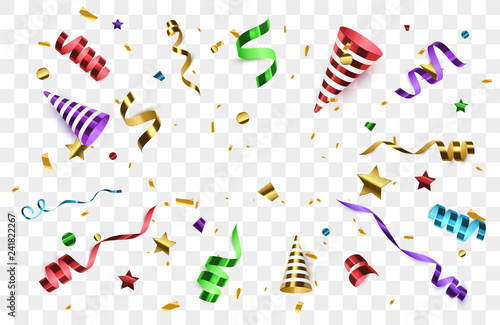 Confetti with party poppers isolated. Birthday background.