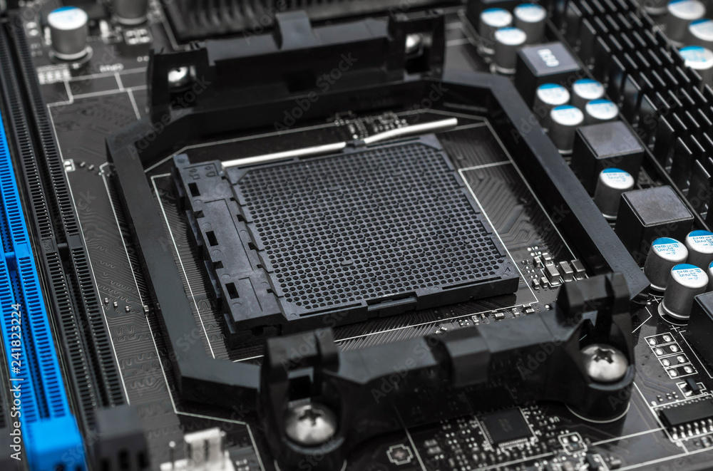 Place for central processor on motherboard. Close up. Place for central processor on motherboard. Close up.