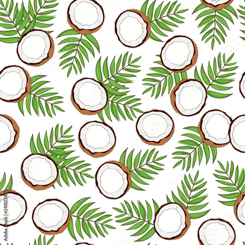 Coconut. Fruit, leaves. Sketch, up to. Background, wallpaper, seamless.