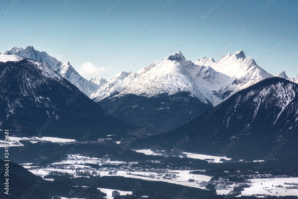 Snow-capped peaks of the mountains above the Telfs valley