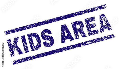 KIDS AREA seal print with distress style. Blue vector rubber print of KIDS AREA caption with corroded texture. Text title is placed between parallel lines.