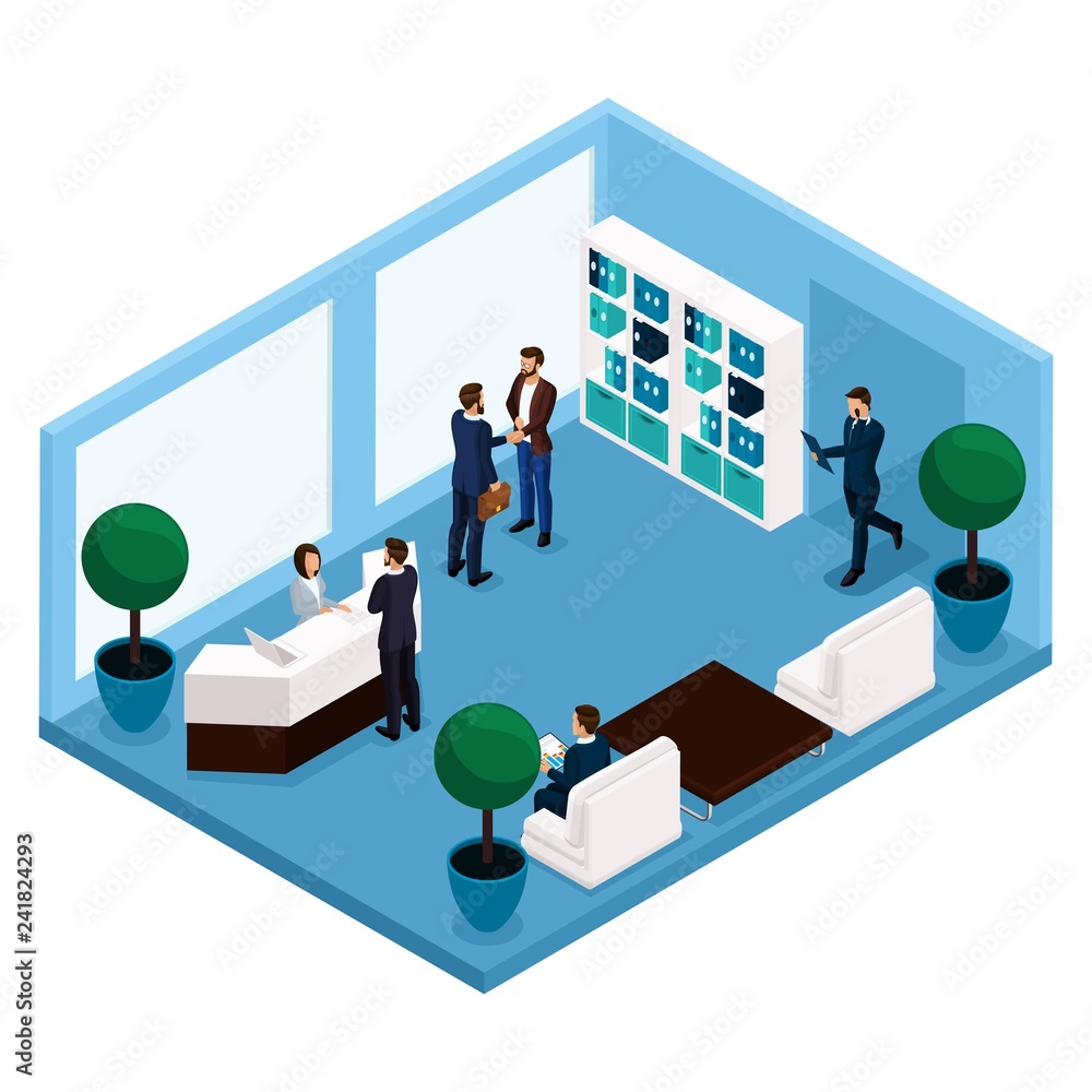Trend isometric people, a room communicating room front view, a large office room, reception, office workers, businessmen and business woman in suits isolated on a light background Trend isometric people, a room communicating room front view, a large office room, reception, office workers, businessmen and business woman in suits isolated on a light background