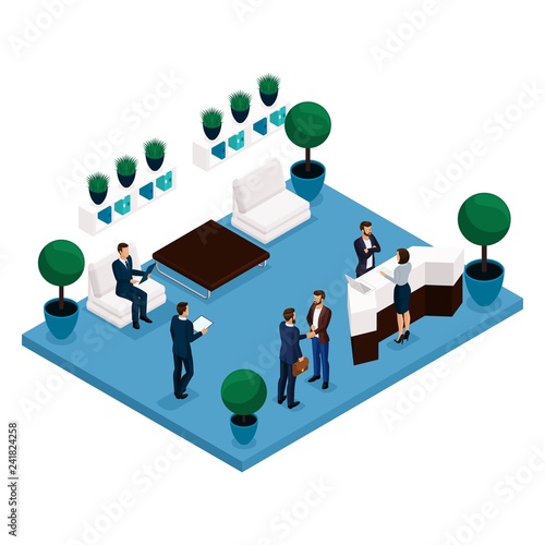 Trend isometric people, concept communicating room rear view, large office room, reception, office workers businessmen and business woman in suits isolated on a light