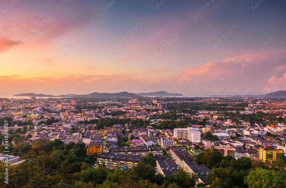 Sunrise of phuket town at khao rang hill view point Phuket, Thailand