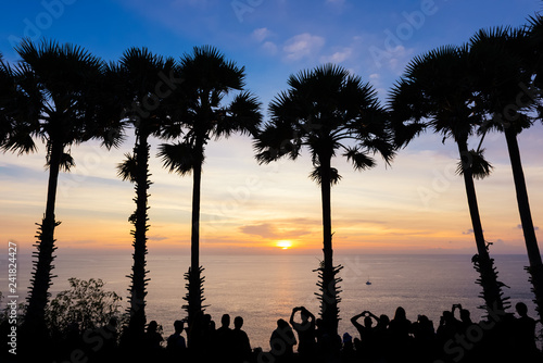  Beautiful sunset behind palm tree at Promthep cape Phuket