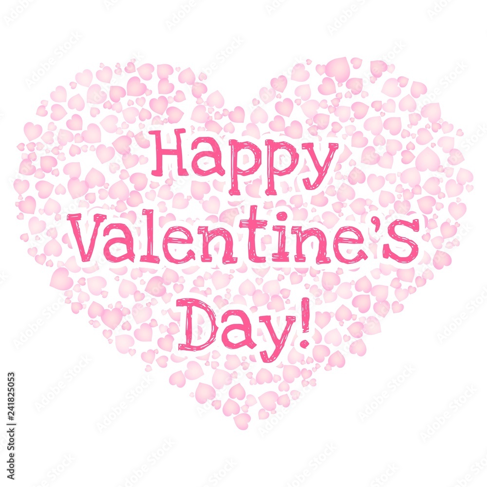Happy Valentines Day text in a heart shape of pink hearts on white background