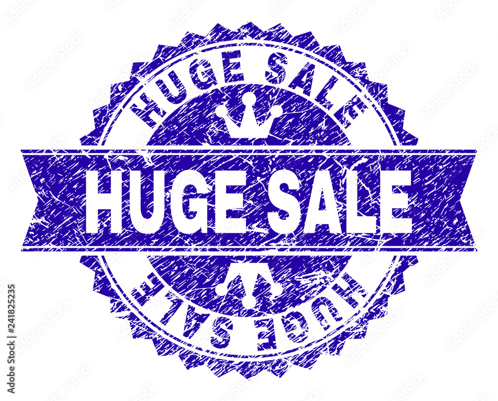 HUGE SALE rosette stamp imprint with grunge style. Designed with round rosette, ribbon and small crowns. Blue vector rubber print of HUGE SALE text with scratched style. HUGE SALE rosette stamp imprint with grunge style. Designed with round rosette, ribbon and small crowns. Blue vector rubber print of HUGE SALE text with scratched style.
