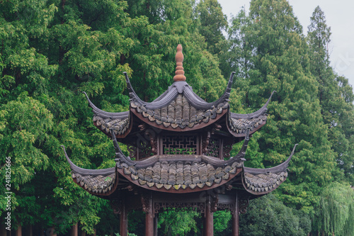 Traditional Chinese pavilion trees by West Lake, Hangzhou, China