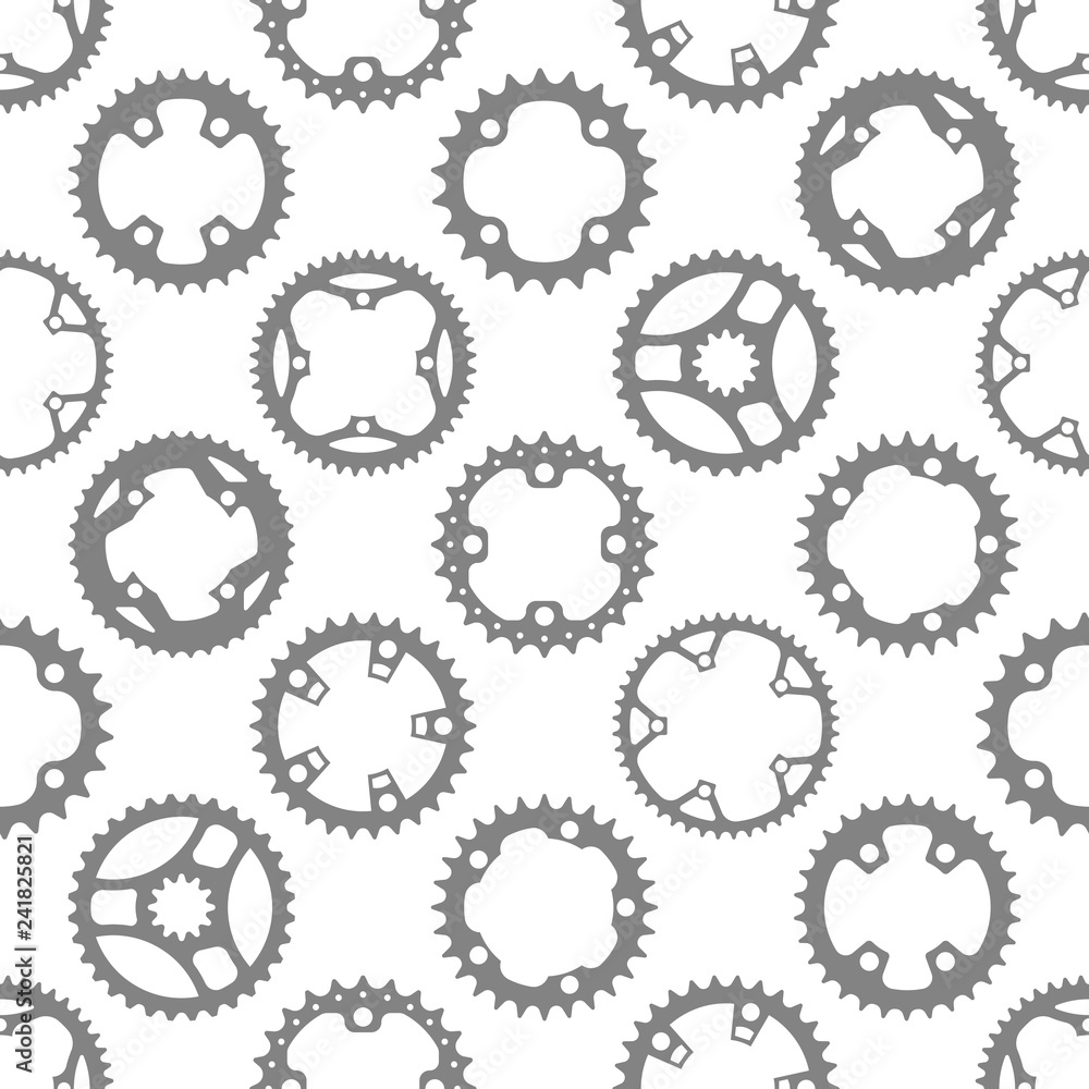 Vector seamless pattern with bike chainrings (chainwheels, sprockets) isolated on white background.
