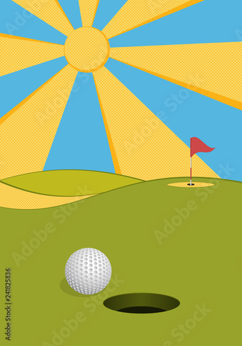 Golf background. Abstract golf course, hole, flag and sun
