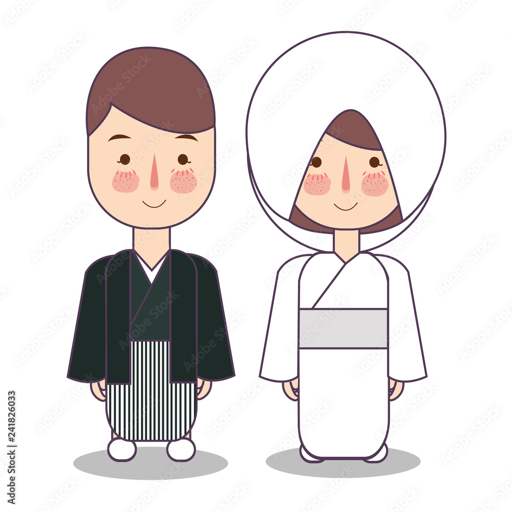 Japanese wedding Couple, cute Japan traditional clothes costume bride and groom cartoon vector illustration Japanese wedding Couple, cute Japan traditional clothes costume bride and groom cartoon vector illustration
