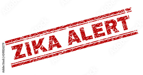 ZIKA ALERT seal stamp with corroded effect. Red vector rubber print of ZIKA ALERT caption with corroded texture. Text caption is placed between double parallel lines.