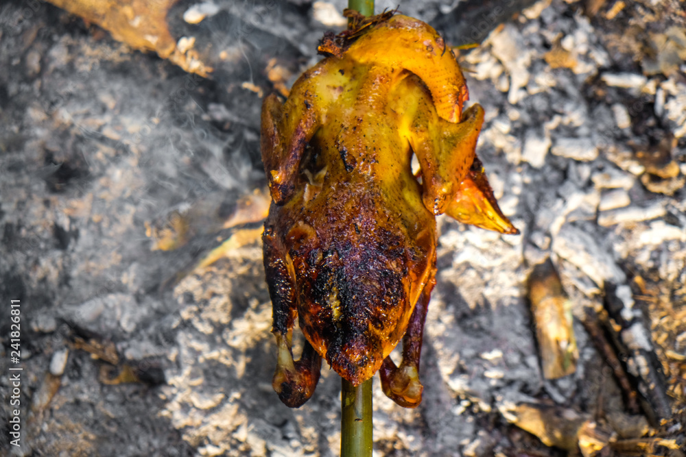 Obraz premium Wild chicken grilled in forest camping