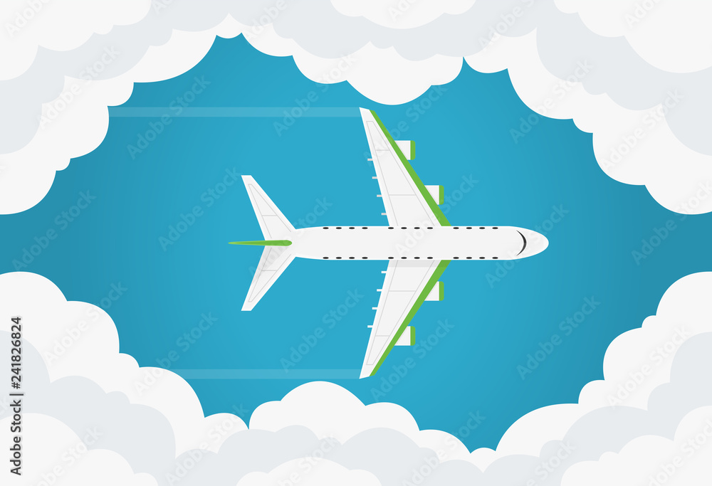 Airplane in the air top view. Flies in the blue sky among the clouds. Airplane view from above isolated. Simple template or banner design with place for text. Flat style realistic vector illustration.