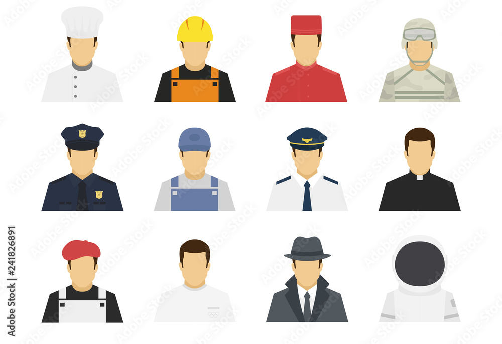 Professions set avatar icons. Male or female people characters. Cook, builder, concierge, soldier, policeman, pilot, artist, sportsman, detective, cosmonaut, plumber. Flat simple vector illustration. Professions set avatar icons. Male or female people characters. Cook, builder, concierge, soldier, policeman, pilot, artist, sportsman, detective, cosmonaut, plumber. Flat simple vector illustration.