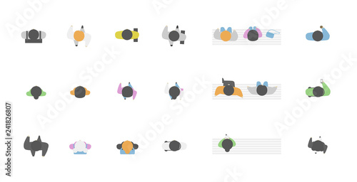 Top view of people doing activities, men and women sitting on a bench, with a cup of coffee, a phone with a backpack, a bag . View from above. Cartoon flat style vector illustration.