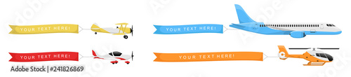 Planes set with banners in the sky isolated on white background. Air vehicle with an empty ribbon for advertising. Simple realistic and modern design. Flat style vector illustration.