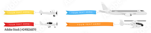 Planes set with banners in the sky isolated on white background. Air vehicle with an empty ribbon for advertising. Simple realistic and modern design. Flat style vector illustration.