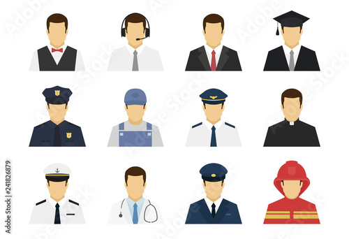Professions set avatar icons. Waiter, support worker, businessman, student, policeman, plumber, pilot, doctor, driver, fireman. Flat simple vector illustration.