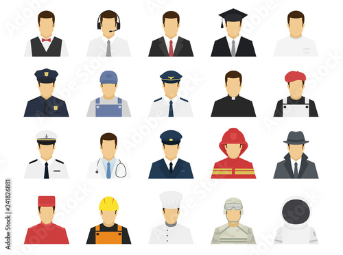 Professions set avatar icons. Male or female people characters. Waiter, support worker, businessman, student, policeman, pilot, doctor, driver, fireman, cook, builder. Flat simple vector illustration.