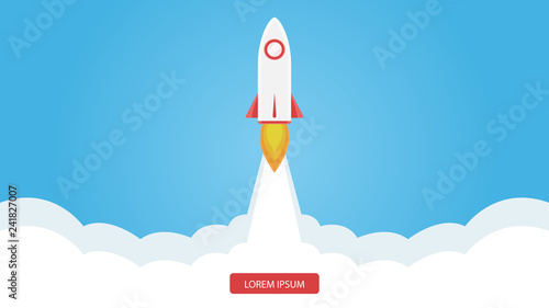 Rocket flying isolated on white background. Icon and logo. Cute simple realistic space ship launch design. Template or banner for start up and success. Flat style vector illustration.